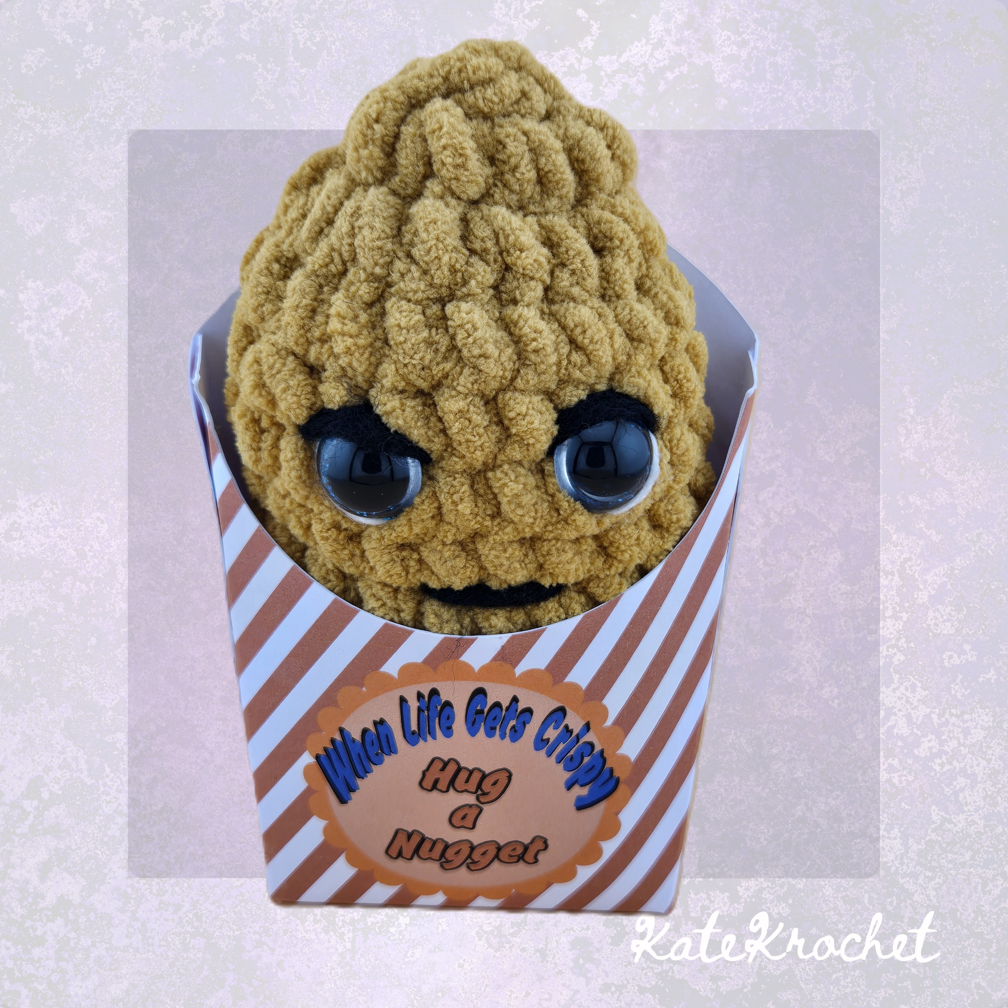 Boy Emotional Support Nugget in handmade fry box with “When Life Gets Crispy, Hug a Nugget” message by KateKrochet
