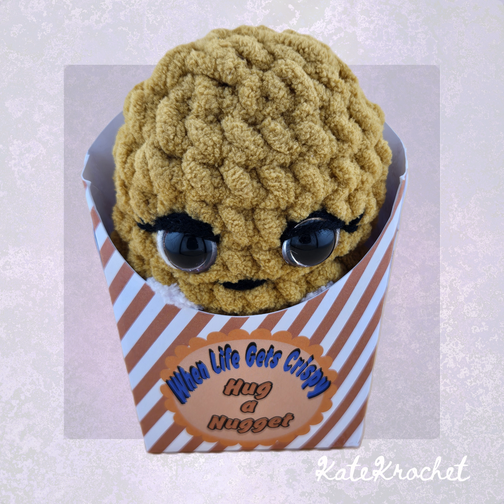 Girl Emotional Support Nugget in handmade fry box with “When Life Gets Crispy, Hug a Nugget” message by KateKrochet