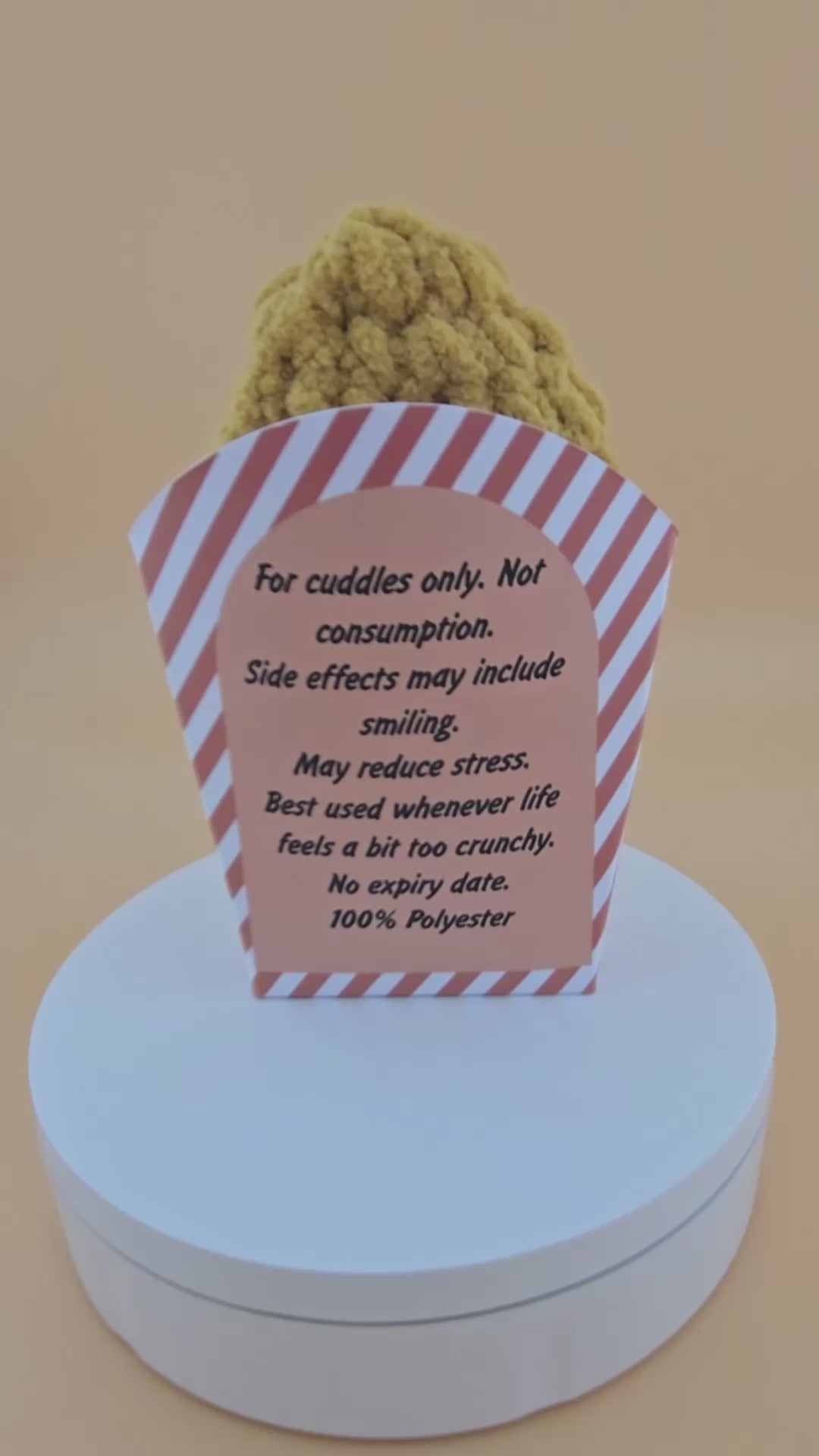 Handmade Girl and Boy Emotional Support Nugget plushes shown in their striped fry boxes